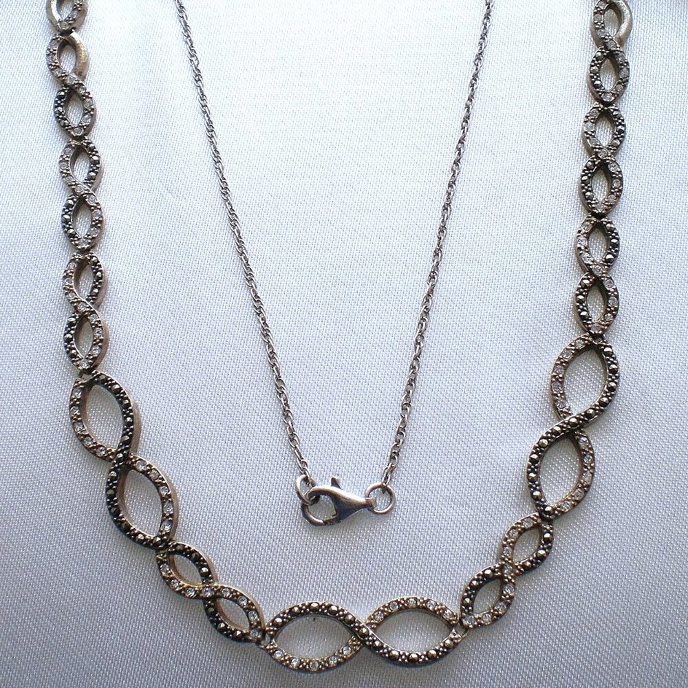 Vintage Designer Sterling Silver 925 Black White Crystal Necklace Collier Chain